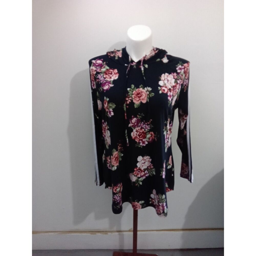 No Comment Plus Black Floral Cowl Neck Hoodie Tunic Size 2X